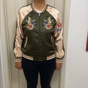 Express embroidered satin bird rev. bomber jacket